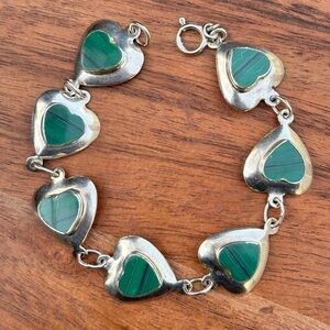 Vintage Sterling Silver Malachite Heart Bracelet 925 6”